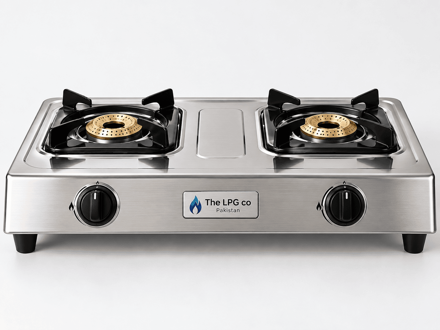 LPG stove price in Pakistan — two-burner stainless LPG gas stove front view