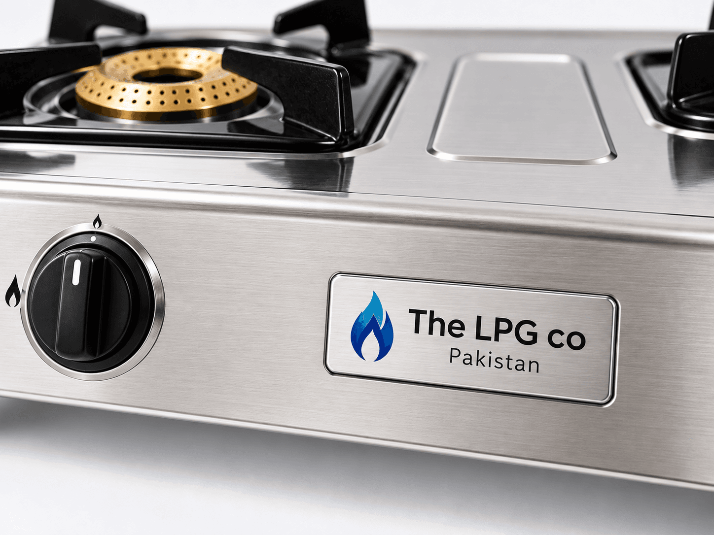 LPG stove brand plate close-up on stainless gas stove for cylinder connection