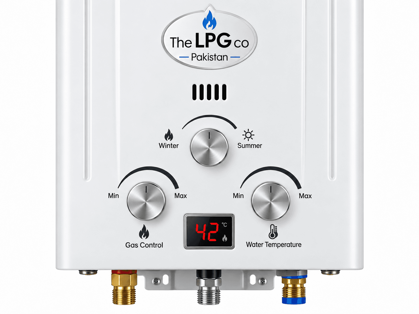 LPG gas geyser in Pakistan — white tankless geyser for home hot water