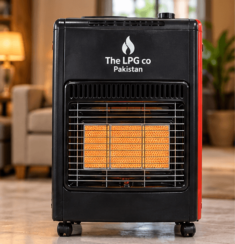 LPG heater in Pakistan — cabinet LPG room heater with ceramic panels glowing