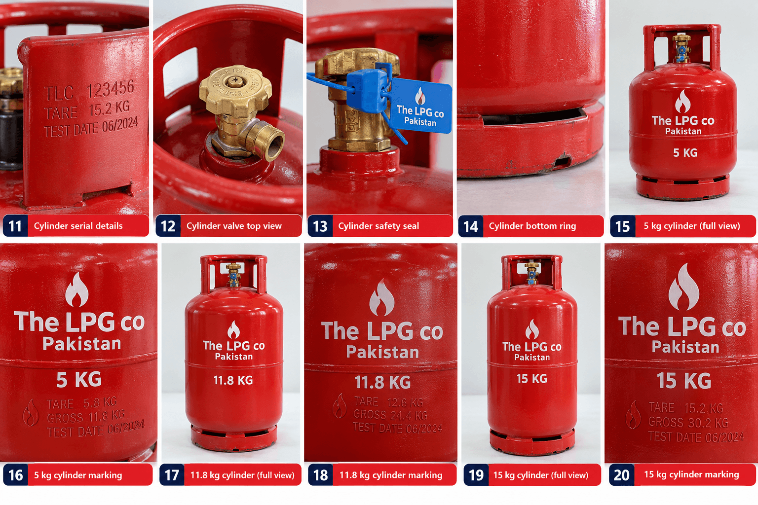 LPG cylinder product catalog collage — valves seals sizes and markings overview