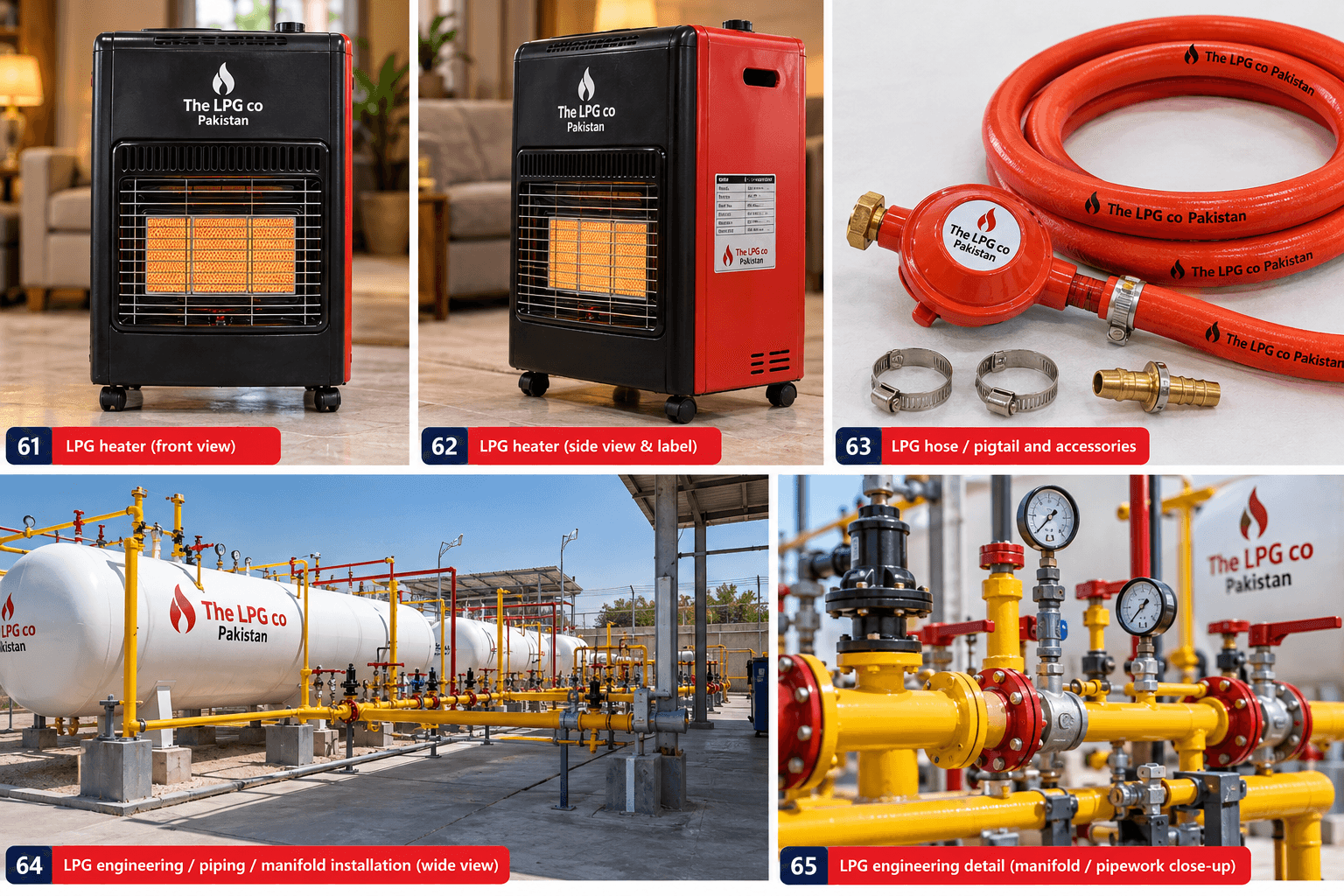 LPG equipment showcase — heaters hoses bulk tanks and manifold installation overview