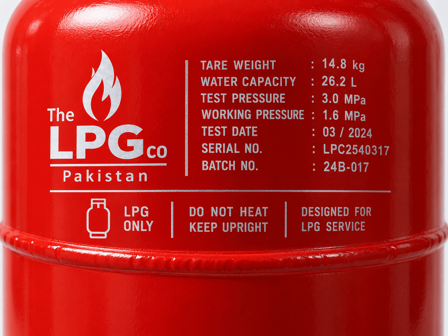 LPG cylinder label showing tare weight capacity and pressure specs in Pakistan
