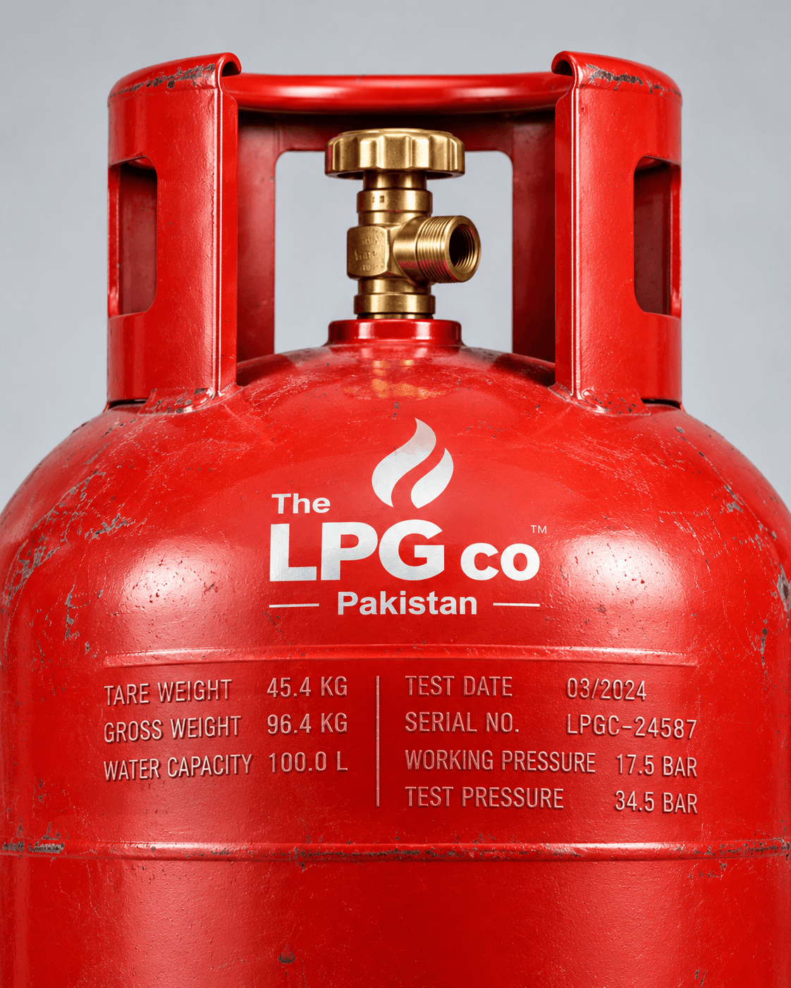 Commercial LPG cylinder price size 45.4 kg — specification markings on the tank