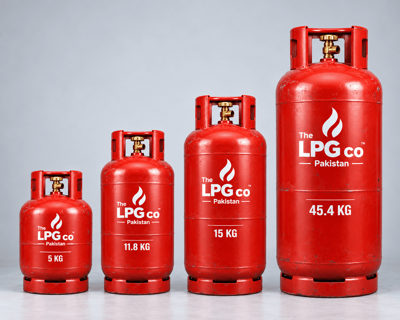 LPG bottle sizes Pakistan — four steel LPG cylinders from small domestic to commercial