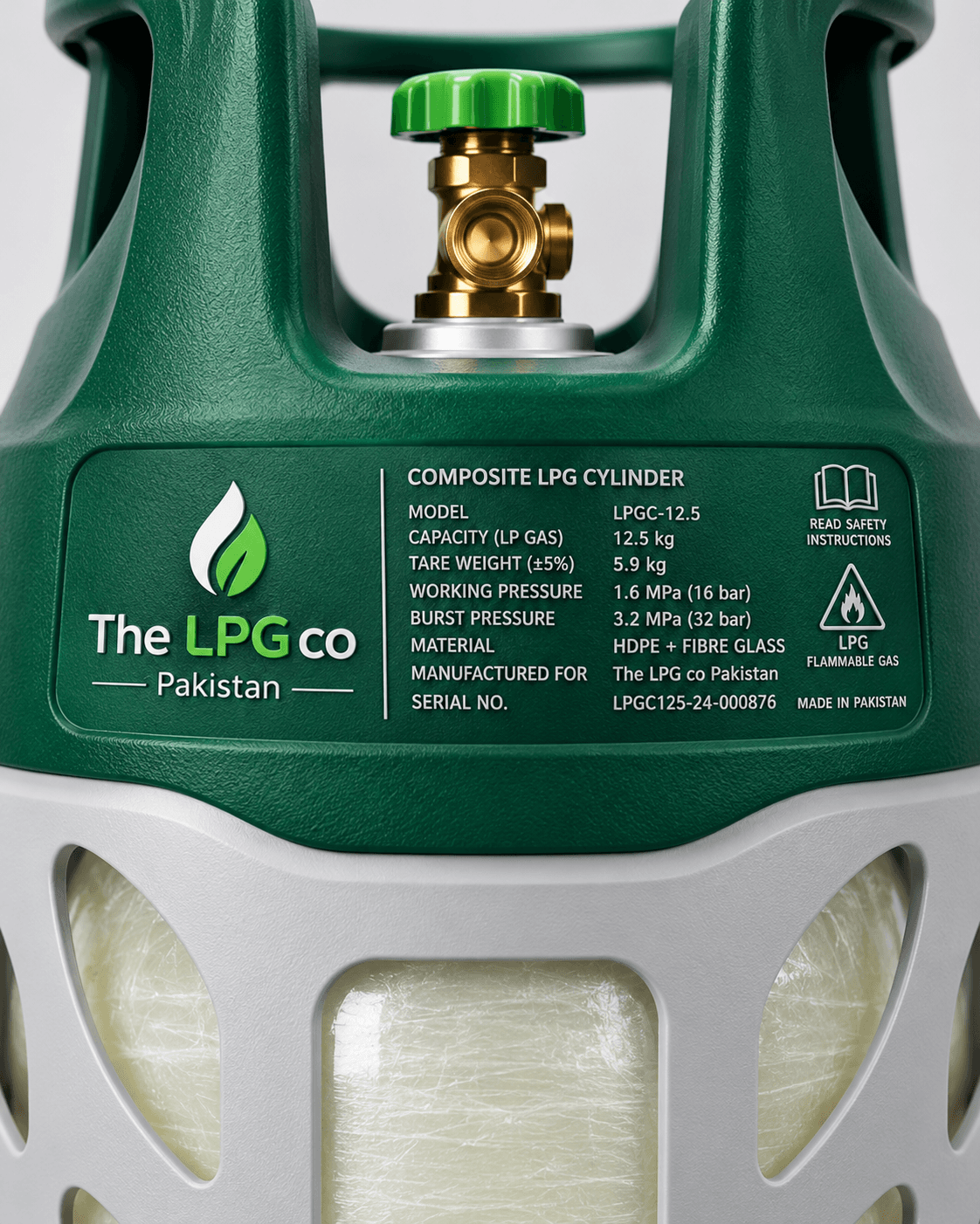 Composite LPG cylinder label 12.5 kg — fibre cylinder specs Made in Pakistan