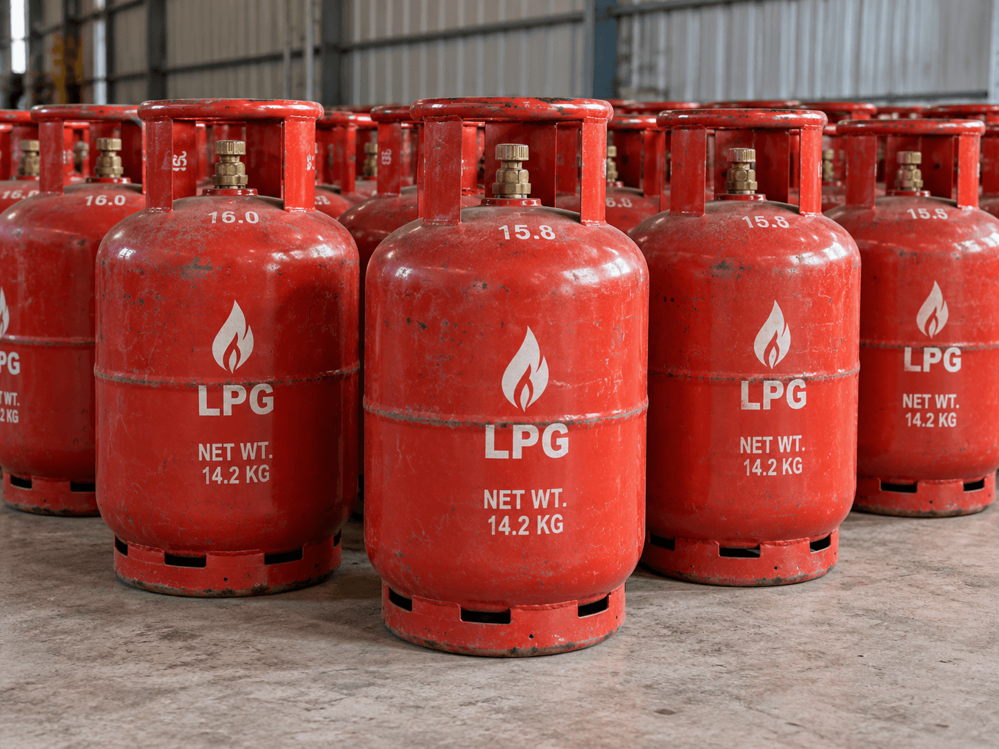 LPG cylinders in warehouse Pakistan — rows of red steel LPG gas cylinders ready for supply