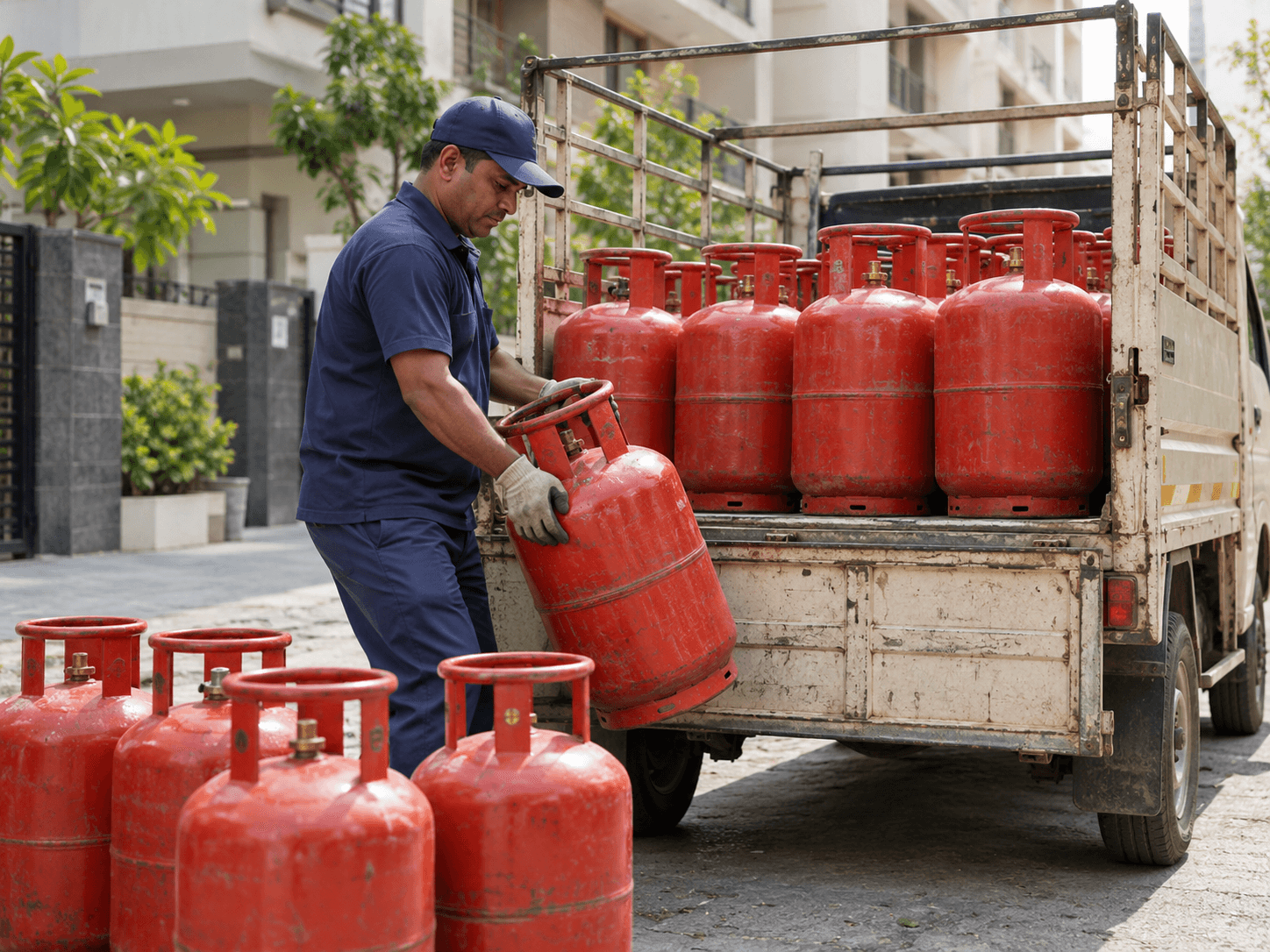 LPG home delivery Pakistan — worker unloading LPG cylinders from a delivery truck
