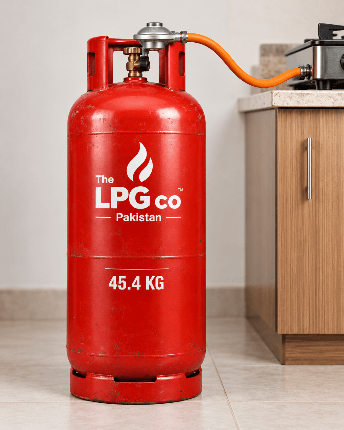 LPG cylinder connected to kitchen stove — LPG gas for cooking in Pakistan