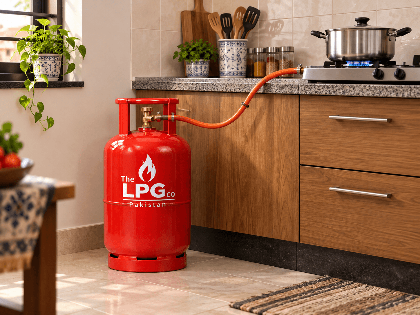 LPG gas stove with blue flame — cooking on LPG cylinder in a Pakistan home kitchen