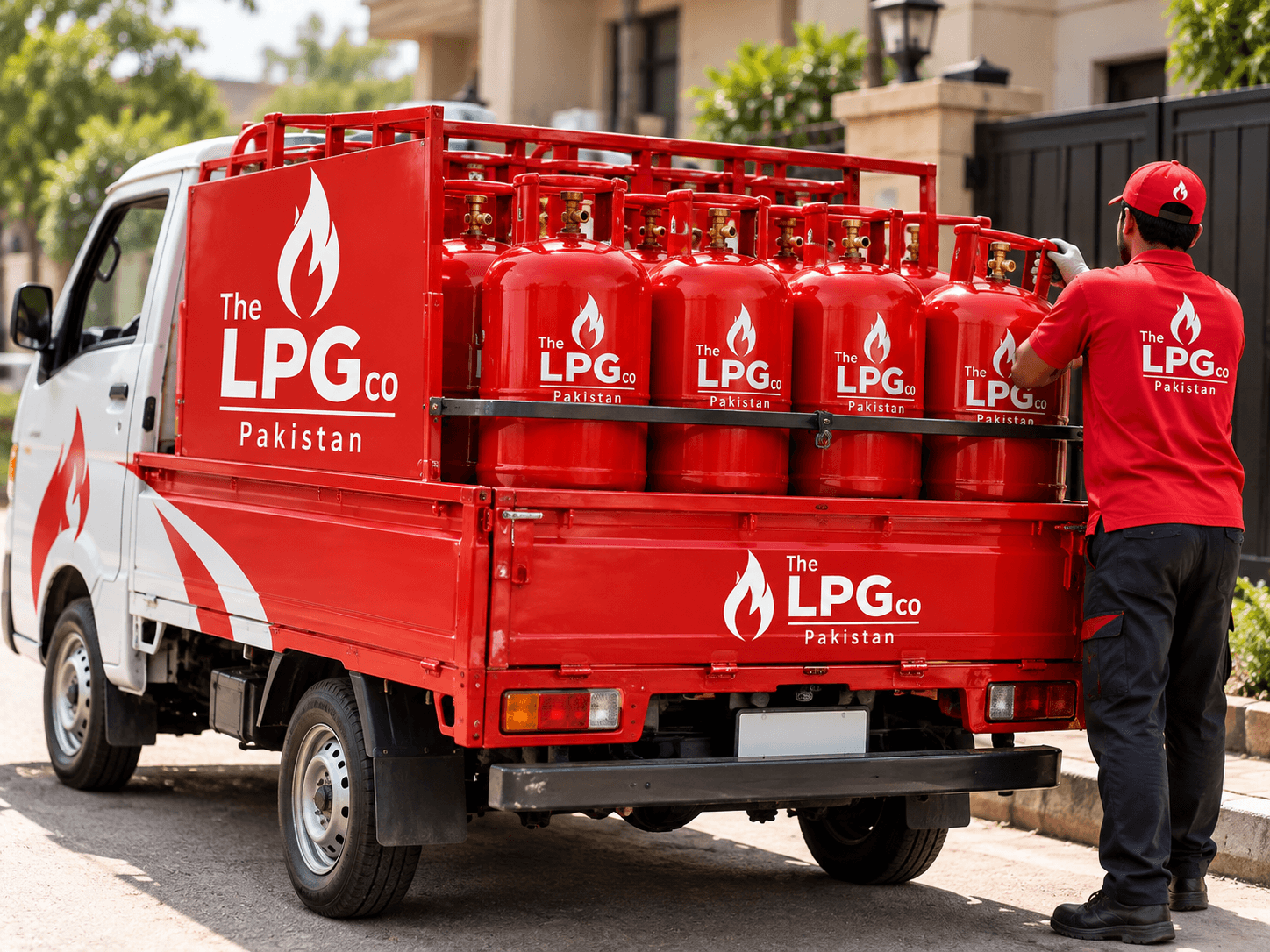 LPG delivery truck Pakistan — branded vehicle loaded with LPG cylinders for home delivery