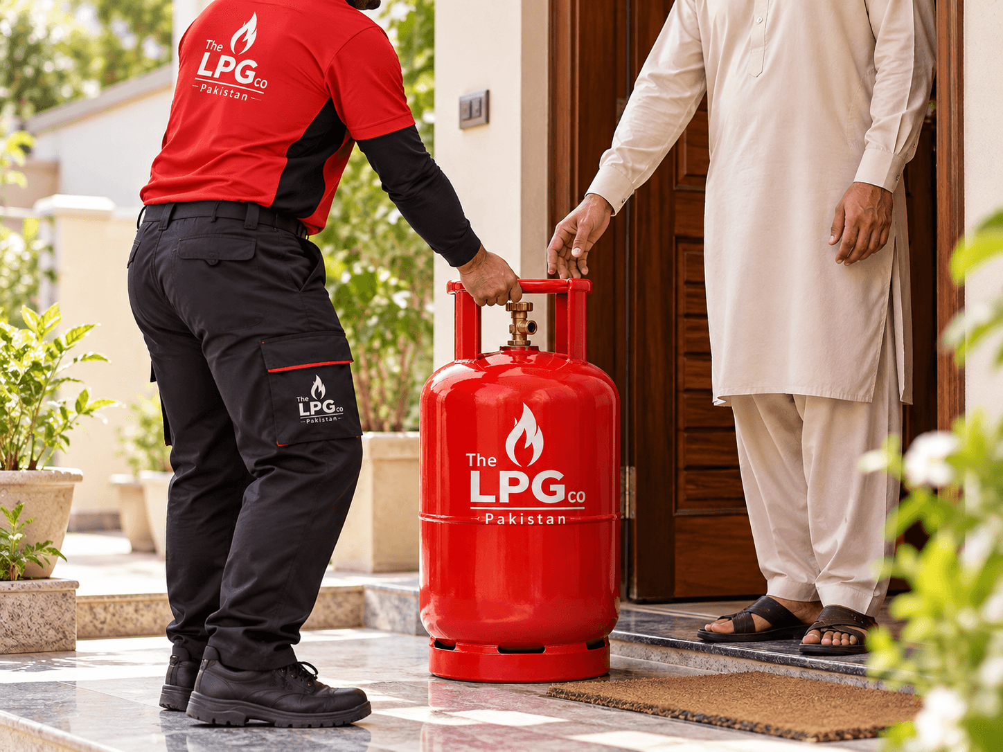 LPG home delivery service — deliveryman placing LPG cylinder at the door