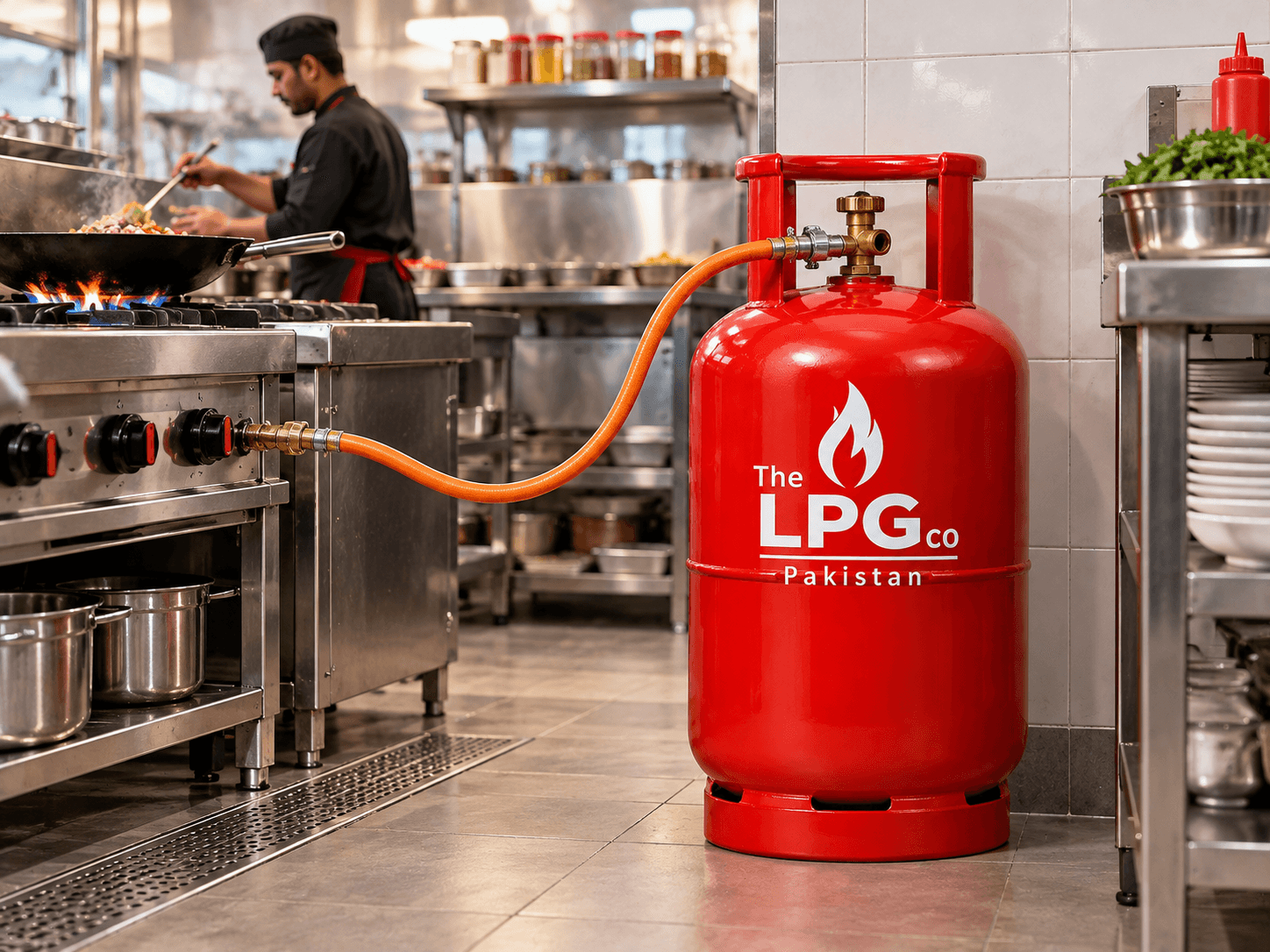 Commercial LPG supply Pakistan — LPG cylinder in a restaurant kitchen