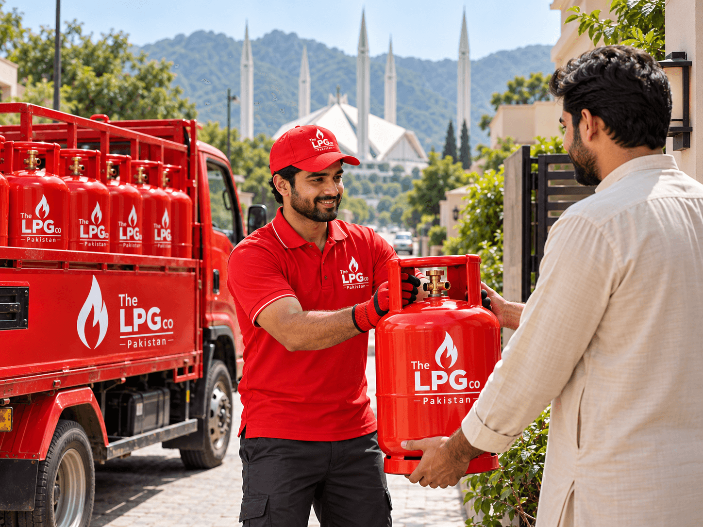 LPG gas Islamabad delivery — home cylinder delivery with Islamabad landmark backdrop