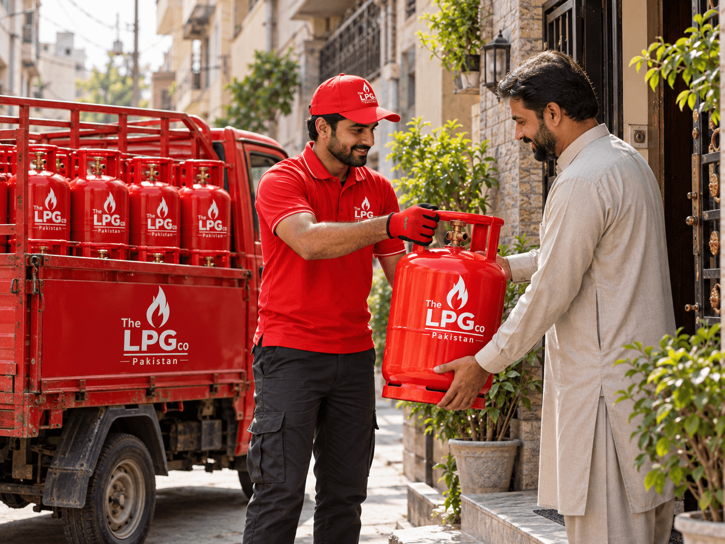 LPG near me delivery — cylinder handoff at a residential doorway in Pakistan