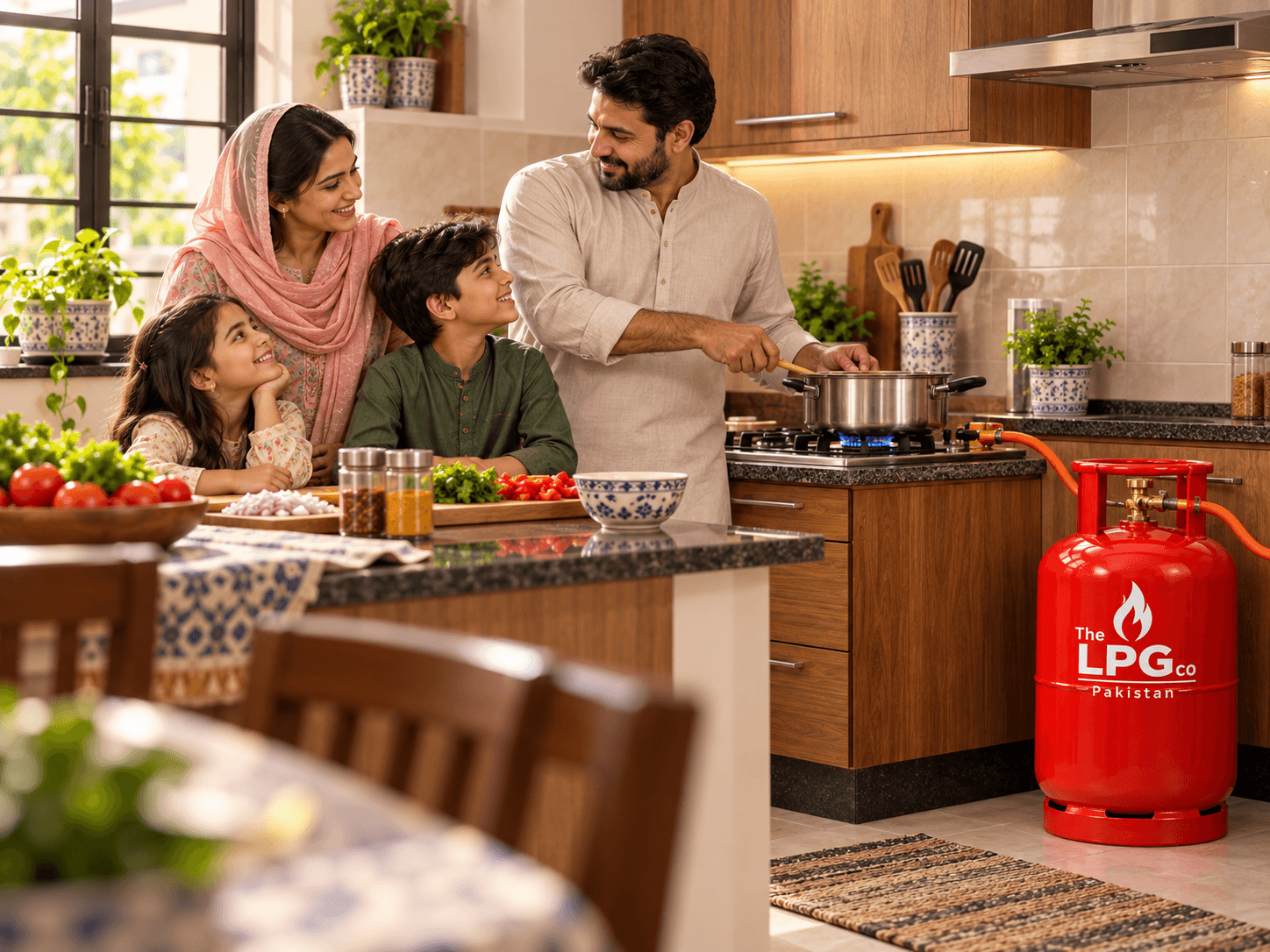 What is LPG used for — family cooking with LPG cylinder and gas stove in Pakistan