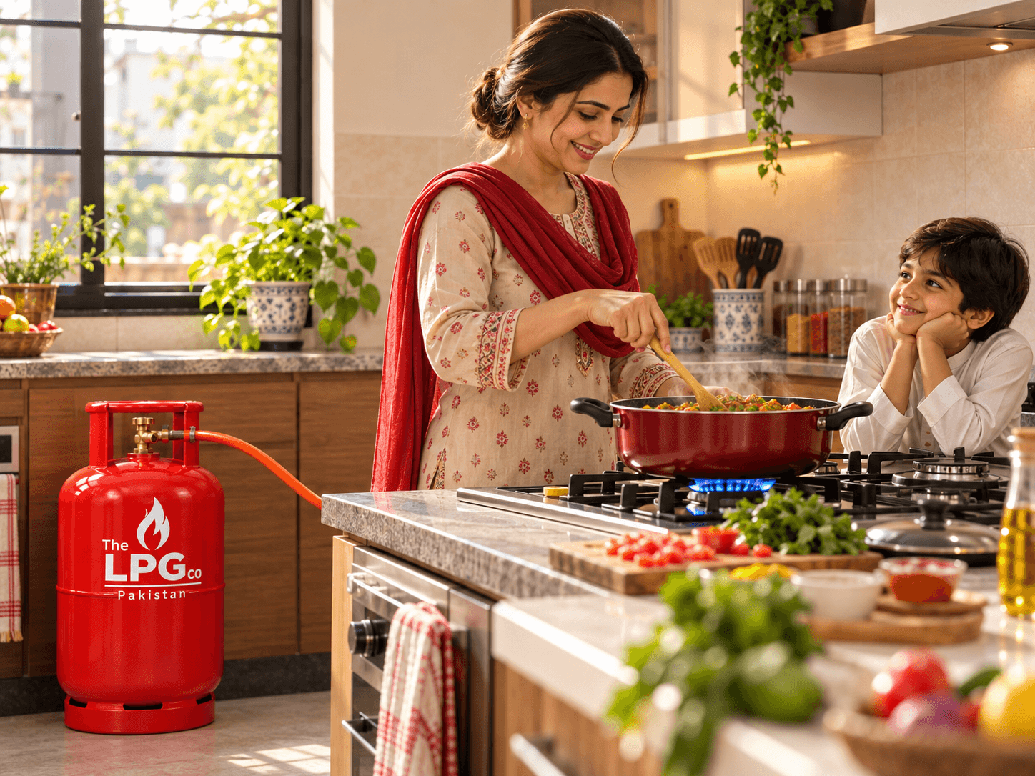 LPG for home cooking Pakistan — kitchen stove running on LPG cylinder gas