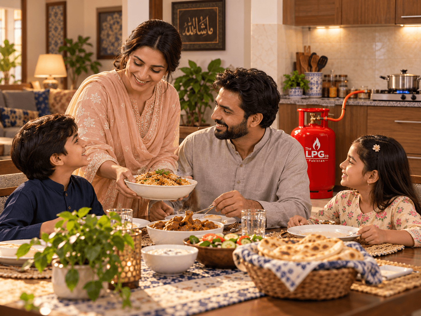 LPG gas in Pakistan homes — family meal prepared with LPG cylinder supply