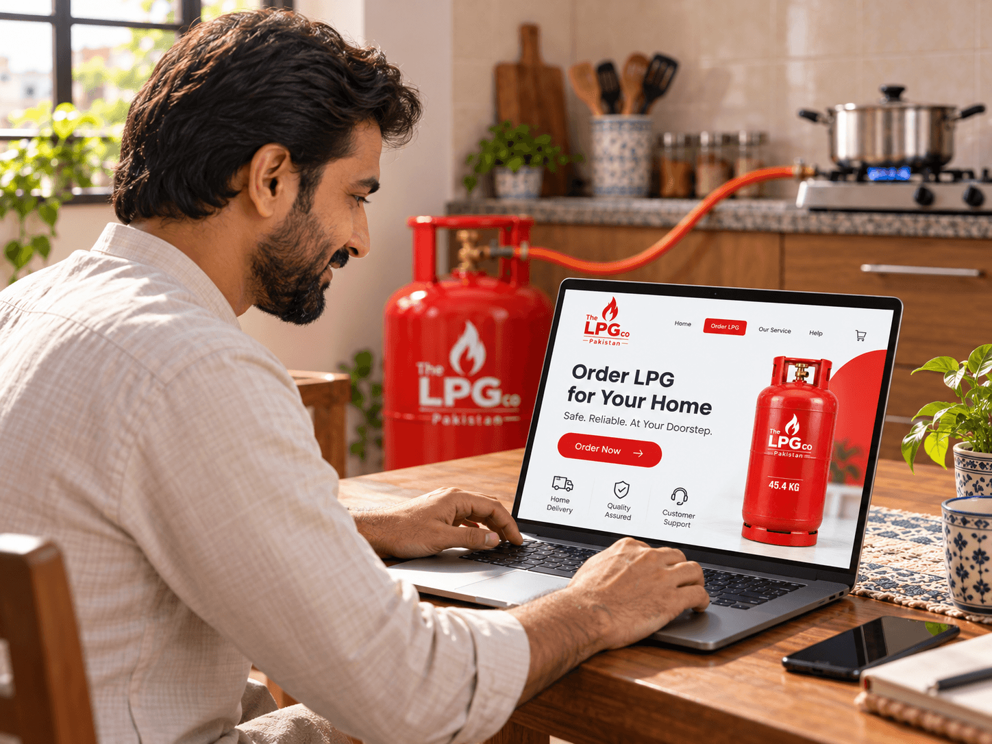 Order LPG online in Pakistan — requesting LPG cylinder delivery from a laptop