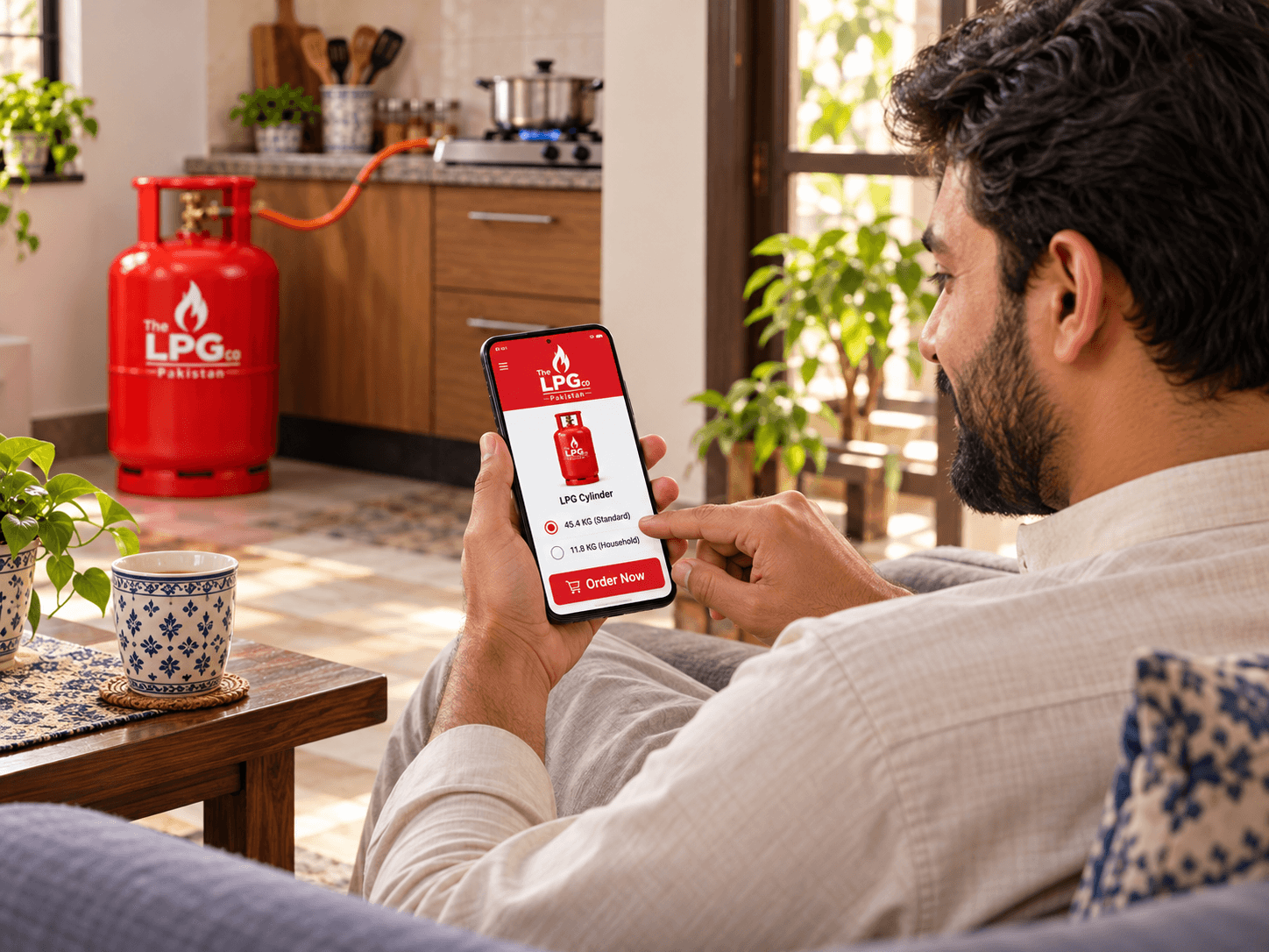 Order LPG cylinder by phone — mobile request for 11.8 kg or 45.4 kg LPG delivery