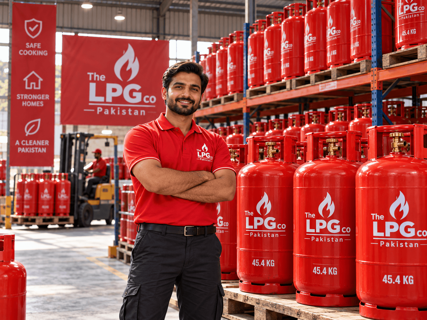 LPG distributor network Pakistan — warehouse staff with commercial 45.4 kg cylinders