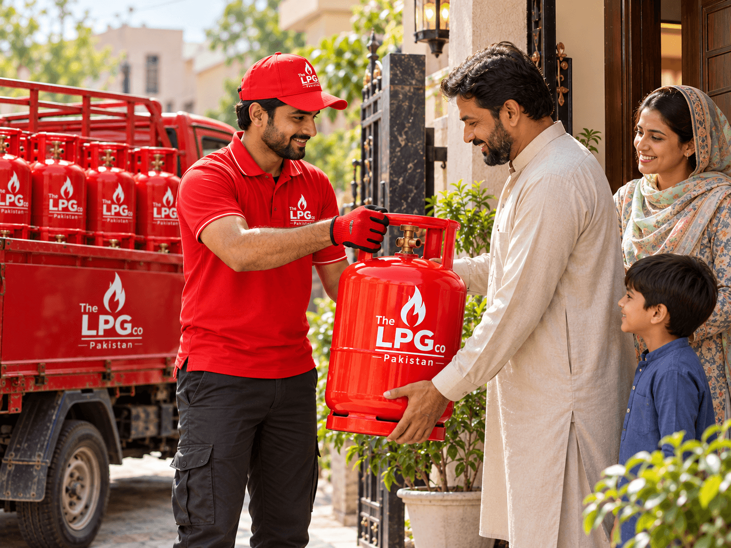 LPG home delivery to family — cylinder delivered at the house entrance
