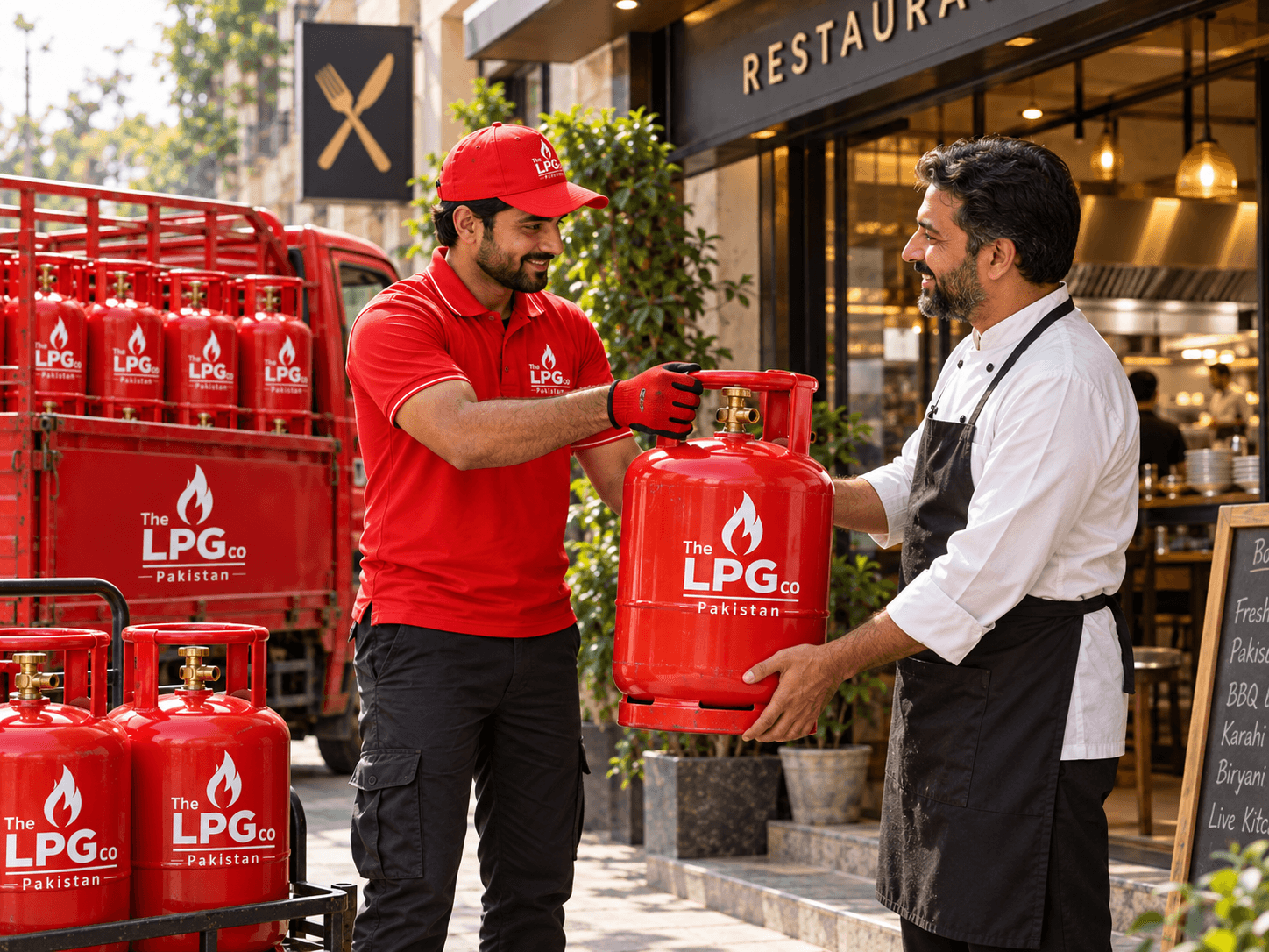Commercial LPG cylinder delivery — chef receiving LPG gas cylinder at restaurant