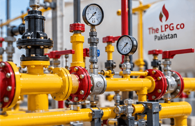 LPG pipeline installation — manifold valves and pressure gauges for LPG engineering